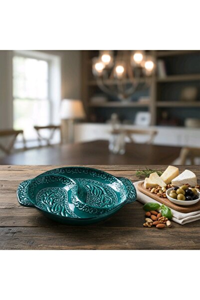 lacelove Embossed Porcelain Patterned Ceramic Turquoise Green 2 Compartment S...