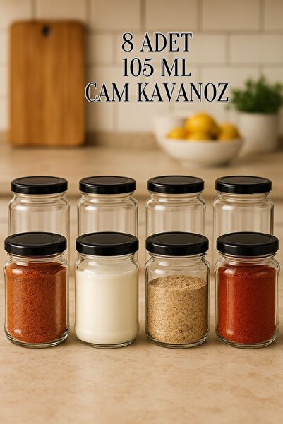 Rotanev 8 Pieces 105 ml Spice Jar Food Confectionery Multi-Purpose Black Metal Lid 105 Cc Short Glass Jar