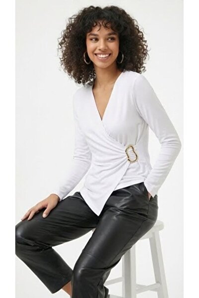 peralist Women's White V-Neck Gathered Buckle Long Sleeve Interlock Fabric Blouse