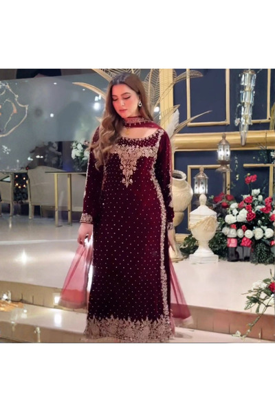 MYSMAR Maroon Viscose Velvet Kameez Salwar & Dupatta- HRT5586 | Maroon