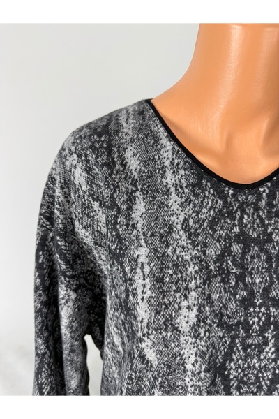 YAŞAR TRİKO Women's Black Gray Patterned U-Neck Long Sleeve Side Slit Wool Mother Combed Cotton T-Shirt