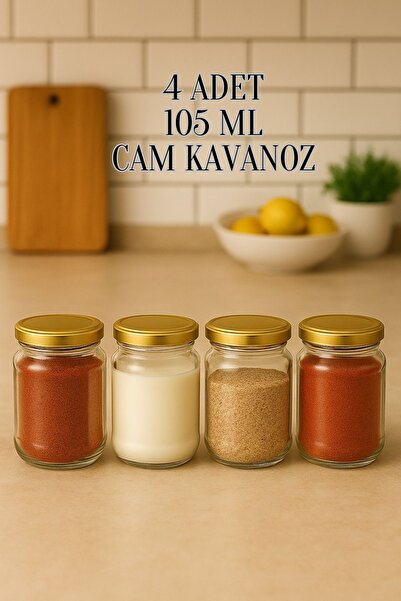 Tanemce 4 Pieces 105 ml Spice Jar Food Confectionery Multi-Purpose Gold Metal Lid 105 Cc Short Glass Jar