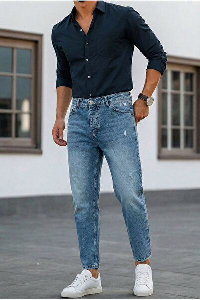 MADZEYMODA Men's Boyfriend Fit Blue Denim Ripped Detail Jean Denim Pants Bf-277