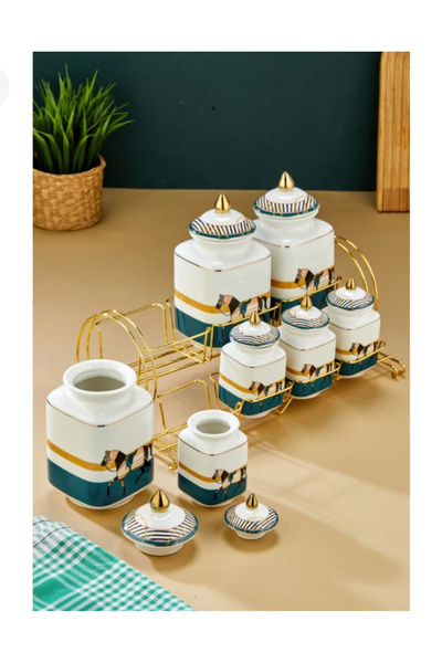 coker Gold Standlı 7'li Lüks Porselen Baharatlık Seti – Zebra Desenli