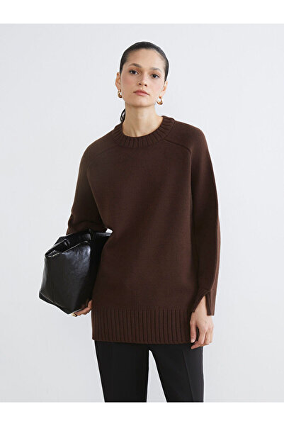 LC Waikiki Lcw modest brown crew neck Oversized women's knitwear tunic