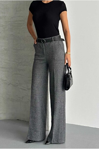 aytenli High-Waisted Elastic Waistband, Detailed Waistband, Pockets, Herringbone Pattern, Wide-Leg Woolen Pants