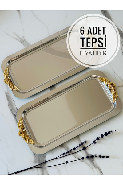 Melinda Rosa 6 Adet Gümüş Dikdörtgen Tepsi Gold Kulp Detaylı Çay,Kahve,İkram Servis Sunum Tepsisi (33x17CM)