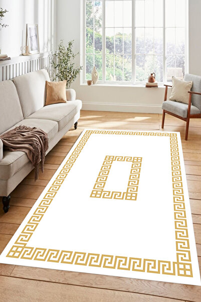 Kessy Home Studio Klasik Gold Çerçeveli Krem Salon Halısı Yıkanabilir Kaymaz ...
