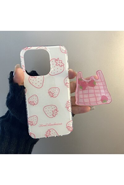 OSG iPhone 16 Plus Compatible Strawberry Popsocket Hand Grip 3D Super Design Case with Stress Wheel