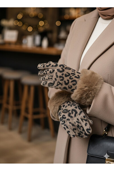 qoop store Leopard Leaf Detailed Mink Gloves
