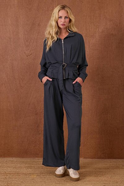 CELITA Women's Belted Zippered Jacket & Oversized Pants Bottom-Top Set