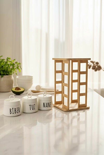 Sade Hediye 3-Piece Porcelain Spice Rack and 16 Small Spice Jars with Bamboo Stand