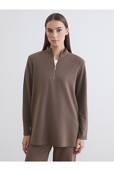 LC Waikiki Beige Mock Neck striped Oversized women's t-shirt