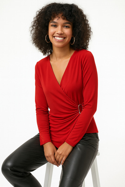 peralist Women's Red V-Neck Gathered Buckle Long Sleeve Interlock Fabric Blouse