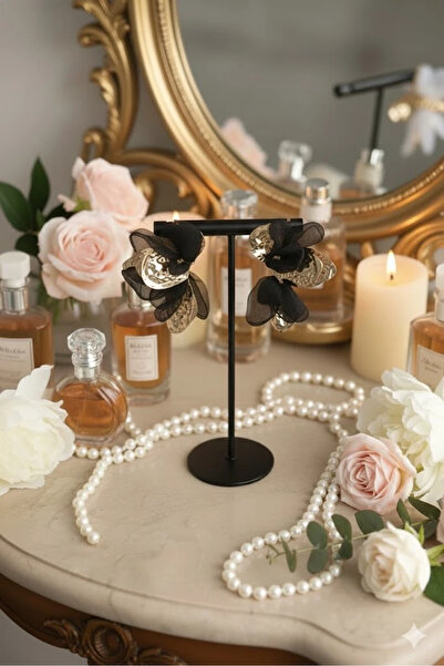 Dorvina Black Tulle Lotus Earrings Gold Color Brass Women's Jewelry