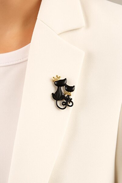 uğurlu dükkan Siyah Taçlı İkili Kedi İğneli Broş