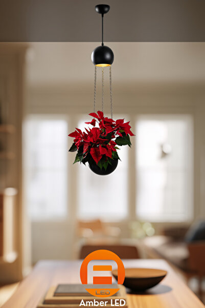 AmberLED Minimal Siyah Metal Gövdeli Tekli Sarkıt Avize Oturma Odası ve Yatak...