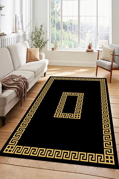 Kessy Home Studio Klasik Gold Çerçeveli Siyah Salon Halısı Yıkanabilir Kaymaz...