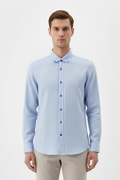 Sabri Özel Giotelli Mavi Regular Fit %100 Keten Düğmeli Yaka Gömlek