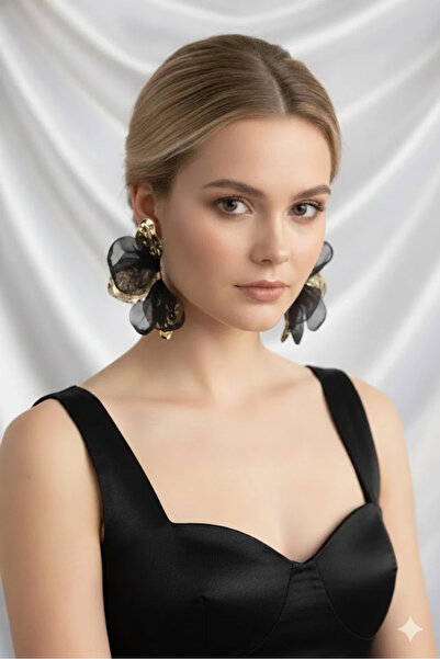 Dorvina Black Tulle Lotus Earrings Gold Color Brass Women's Jewelry