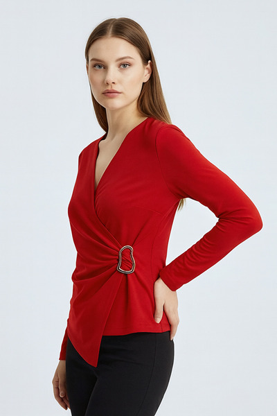 peralist Women's Red V-Neck Gathered Buckle Long Sleeve Interlock Fabric Blouse