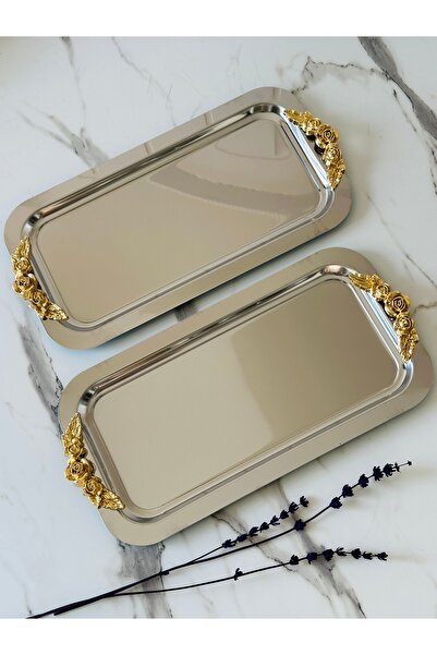 Melinda Rosa 2 Adet Gümüş Dikdörtgen Tepsi Gold Kulp Detaylı Çay,Kahve,İkram ...