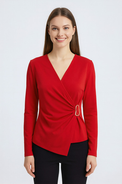 peralist Women's Red V-Neck Gathered Buckle Long Sleeve Interlock Fabric Blouse