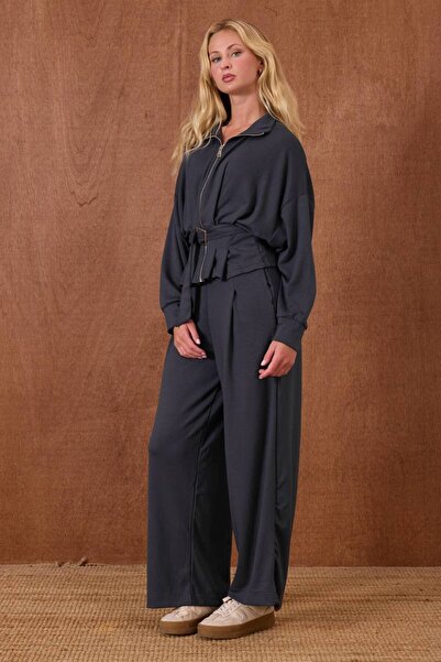 CELITA Women's Belted Zippered Jacket & Oversized Pants Bottom-Top Set