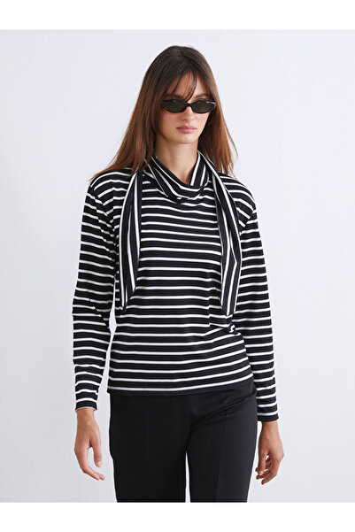 LC Waikiki White Mock Neck Striped Women's T-Shirt