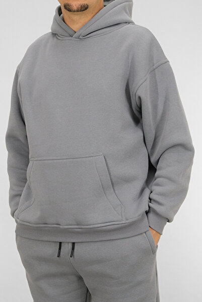 Souris Men's Gray Oversized Hooded Sweatshirt 3 Thread Fleece-Lined Kangaroo Pocket