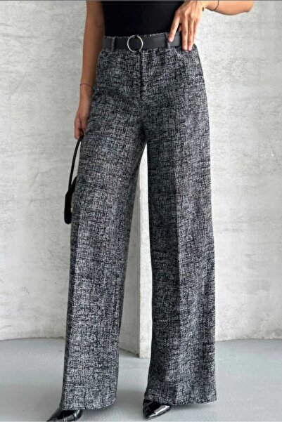 aytenli High-Waisted, Elasticated Waistband, Detailed Waist Belt, Pockets, Crumpled Pattern, Wide-Leg Wool Pants