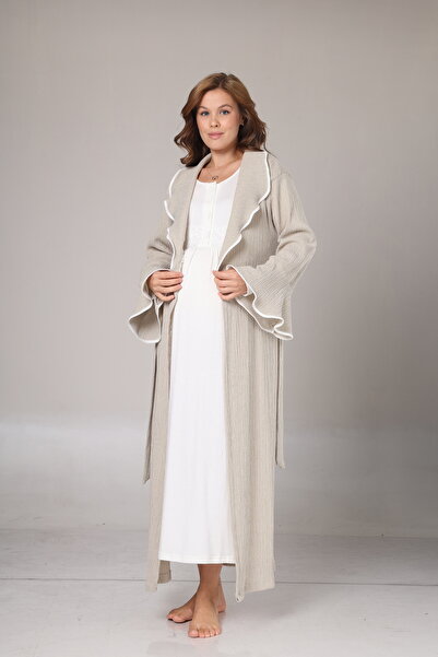 Hamile Tekstil Bej Fitilli Şal Yaka Uzun Kollu Sabahlıklı Lohusa Gecelik Takımı