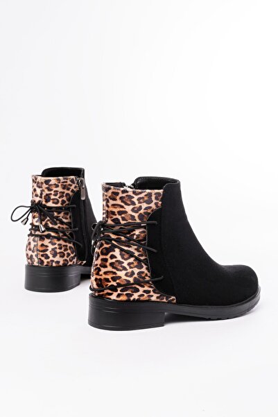 Zerenyus Zri̇n165-209 Premium Black Leopard Back Lace-Up Zippered Casual Women's Boots