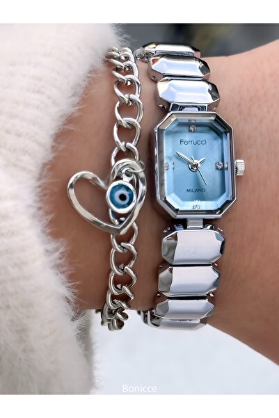 Ferrucci Women's Watch, Blue Silver Steel Band, Square Small Case, Vintage Model, Stylish Box, Bracelet Gift