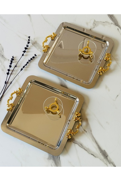 Melinda 2 Kişilik Gümüş Kare GOLD Kulp Detaylı Çay,Kahve Servis Sunum Tepsisi...