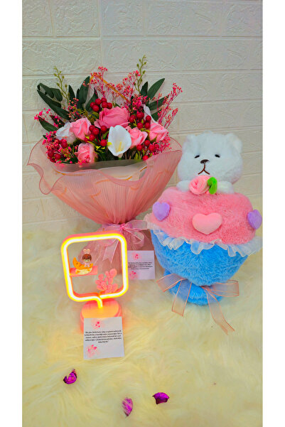 Laydy Collection Işıklı figürlü hediyelik Biblo & Buket Ayı& Pembe Kokina Buk...