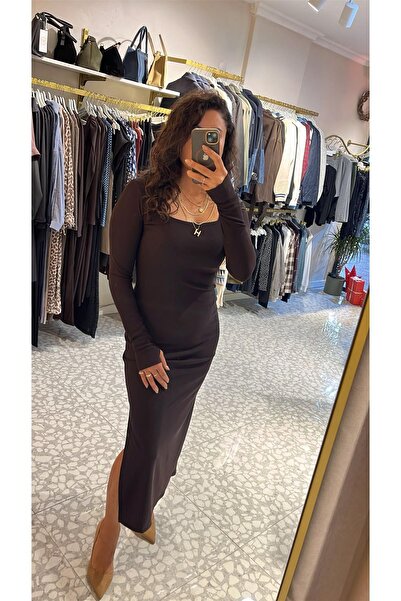 MU&ME BOUTİQUE Dress Square Neck Midi with Buckle Detail