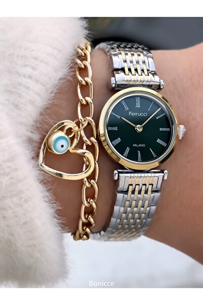 Ferrucci Women's Watch, Green-Yellow Steel Band, Mini Case, Roman Numerals, in Stylish Gift Box with Bracelet Gift