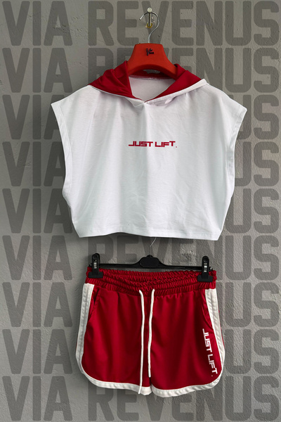 Vordevia Just Lift Printed 100% Cotton Hooded Zero Sleeve Crop and Special Jersey Fabric Shorts Women's Fitness Set