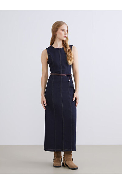 LC Waikiki Μπλε ναυτικό φόρεμα τζιν με λαιμόκοψη ποδηλάτου