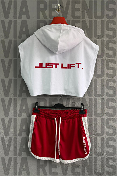 Vordevia Just Lift Printed 100% Cotton Hooded Zero Sleeve Crop and Special Jersey Fabric Shorts Women's Fitness Set