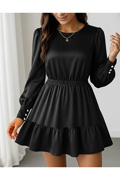 ALPACO Women's Long Sleeve Crew Neck Ruffled Imported Crepe Dress with Elastic Waist