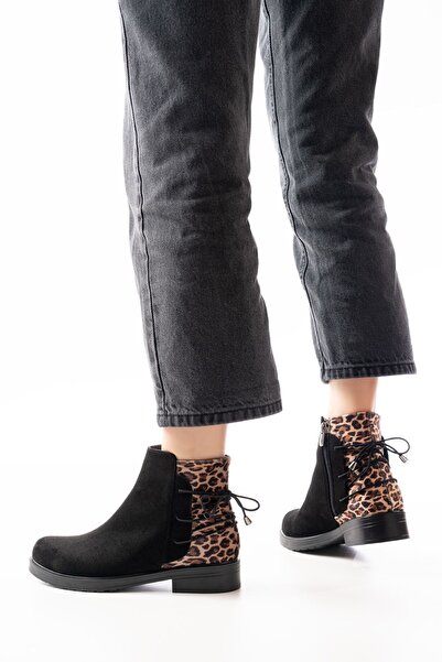 Zerenyus Zri̇n165-209 Premium Black Leopard Back Lace-Up Zippered Casual Women's Boots