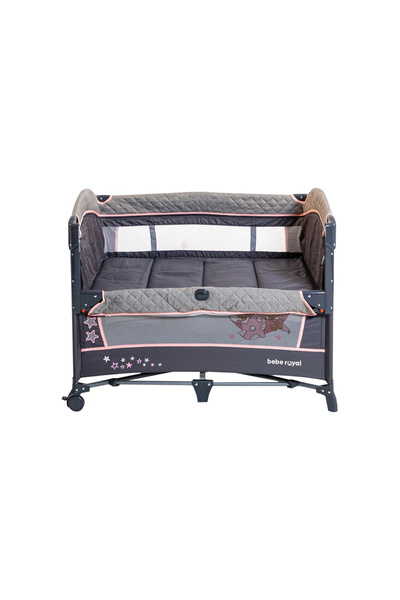 Royal Folding Crib 2 in 1 DeLuxe Smart Co Sleeper, Sliding Sides, 2 Levels, Grey/Pink Side Entry