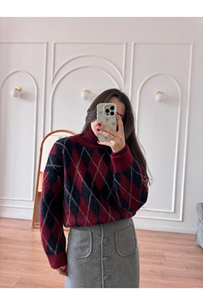 POİNE Women's Diamond Patterned Oversized Premium Knitwear Sweater