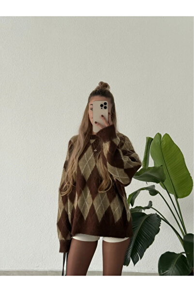 POİNE Women's Diamond Patterned Oversized Premium Knitwear Sweater