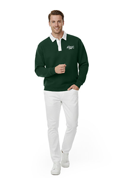 DeepSEA Men's Green Relax Fit Fleece Lined Polo Neck Sweatshirt – Cotton Thick Sweatshirt 2600762