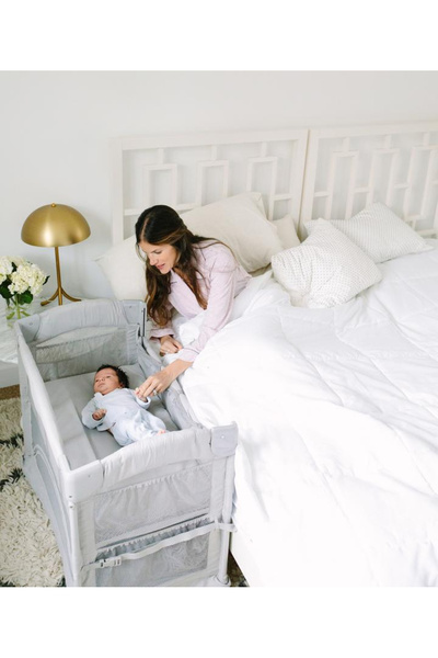 Royal Folding Crib 2 in 1 DeLuxe Smart Co Sleeper, Sliding Sides, 2 Levels, Grey/Pink Side Entry