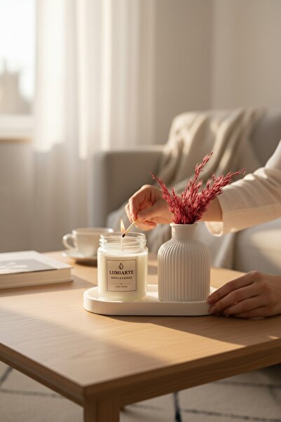 Lumiarte 3’lü Dekoratif Set – 200 ml Vanilya Kokulu Cam Mum + Seramik Vazo + ...