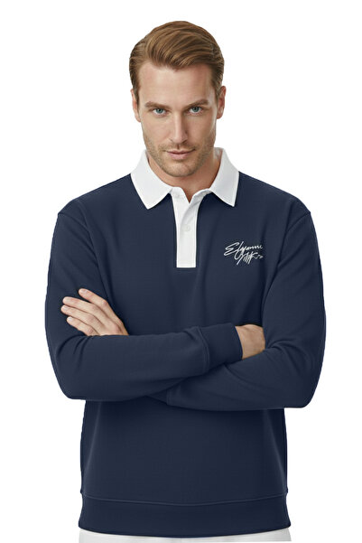 DeepSEA Men's Navy Blue Relax Fit Fleece Lined Polo Neck Sweatshirt – Cotton Thick Sweatshirt 2600762